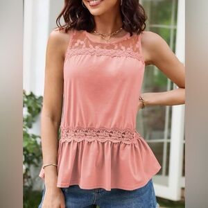 Zaful Women’s Coral/Pink Lace Trim Sleeveless Peplum Top
